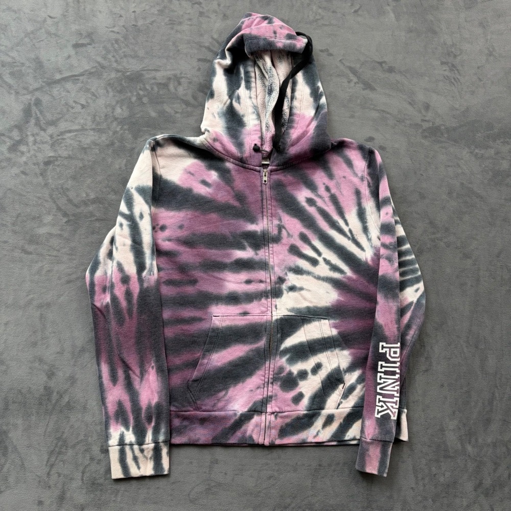 Victoria's Secret PINK Tie Dye Full Zip Hoodie Purple Black White Large